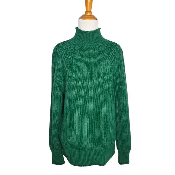 J Crew Women Rollneck Relaxed Sweater Green Oversized Slouchy Chunky Small - Picture 2 of 11
